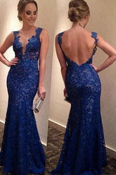 Decent Royal Blue Lace Mermaid Long Prom Dress Evening Dress With Appliques